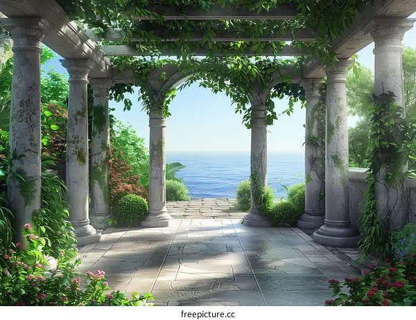 A Mediterranean Oasis: Tranquil Courtyard with Sea View