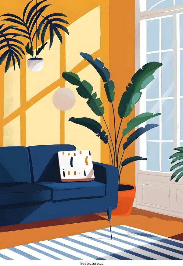 Living Room with Blue Sofa and Yellow Walls