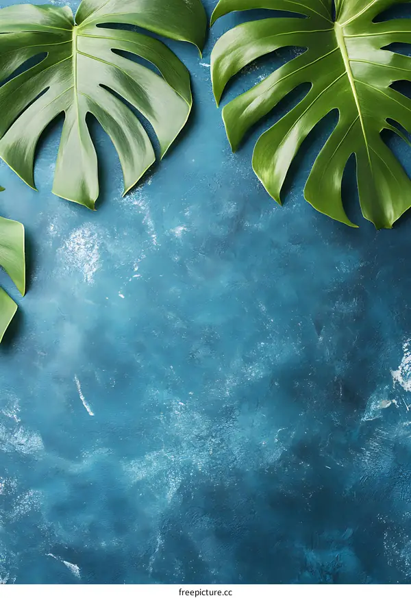 Green Monstera Leaves on Blue Background
