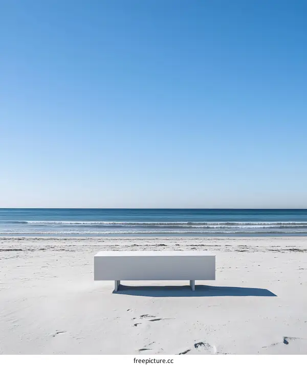 White Bench on Sandy Beach With Blue Sky