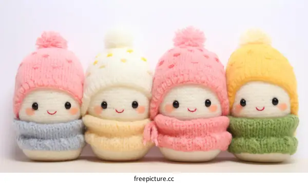 Four cute cartoon characters with winter hats and scarves