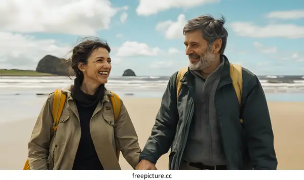 Happy Couple Holding Hands and Walking on the Beach Together