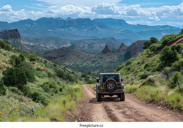 Green Jeep Driving Through Mountains and Valley