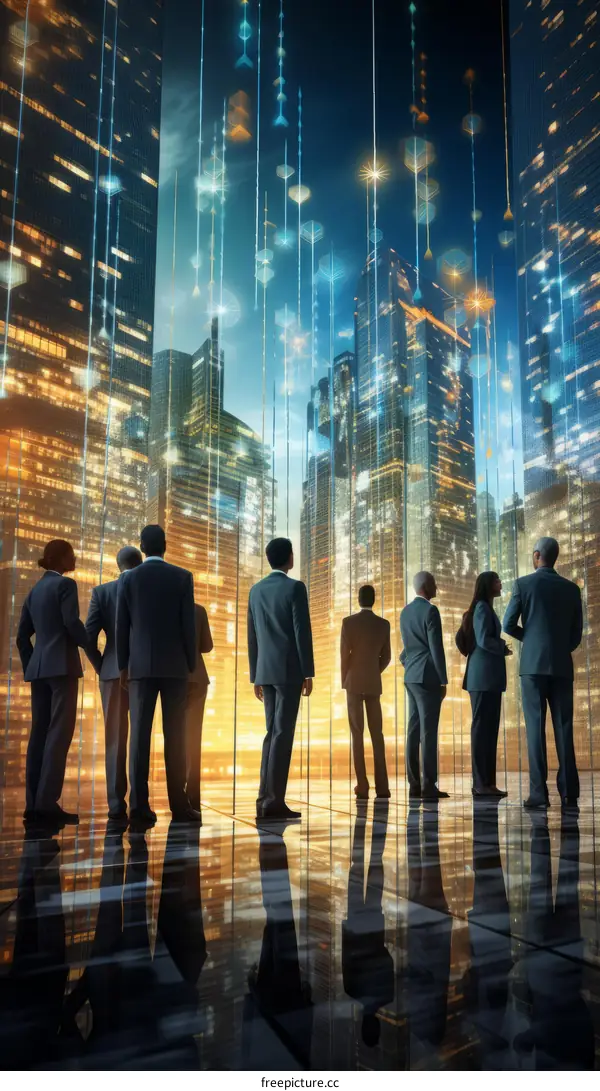 Business professionals looking at a futuristic cityscape