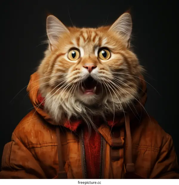 A Ginger Feline Wearing a Brown Jacket Looks Surprised
