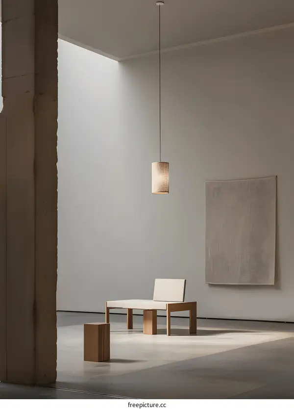 Minimalist Interior Design with Wooden Bench and Pendant Light