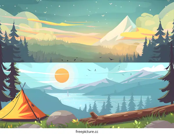 Camping Trip in the Mountains with Forest and Lake