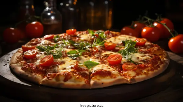 A delicious pizza with tomatoes and basil