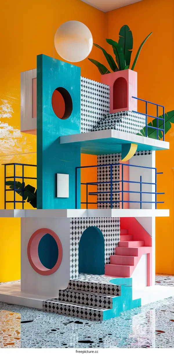 3D rendering of a colorful and geometric house with stairs, plants, and a balcony