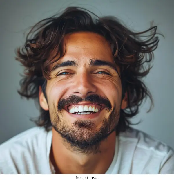 Close Up Portrait of a Smiling Man with a Beard and Long Hair