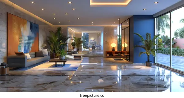 Artistic Lobby Interior With Plants And Paintings