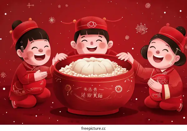 Three happy Chinese children eating Laba congee