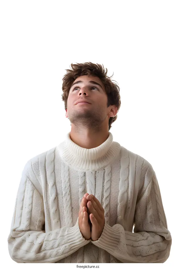 Young man praying with eyes closed and hands clasped