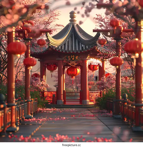 Chinese Classical Garden with Cherry Blossoms Under Sunset