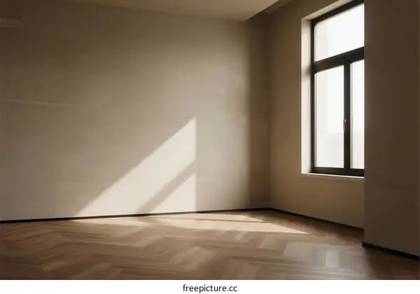 Empty room with wooden floor and large window letting in light