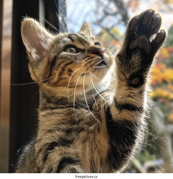 Cute Tabby Cat Reaching Out with Its Paw