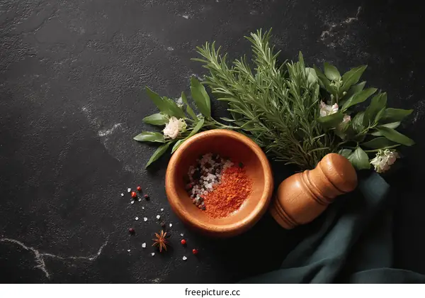 Assortment of Spices and Herbs on Dark Stone Surface