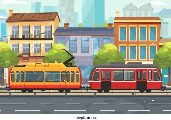 Cityscape Illustration with Two Trams in the Street