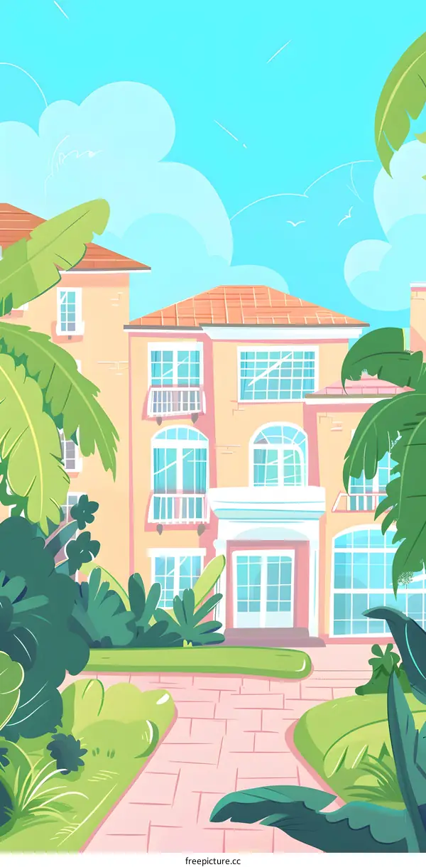 Beautiful House Illustration With Palm Trees And A Pink Brick Path