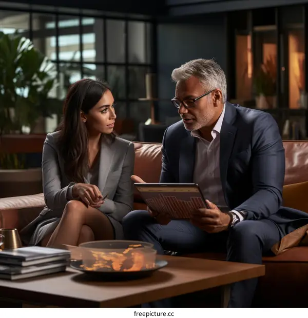 Business meeting between a young woman and a mature man