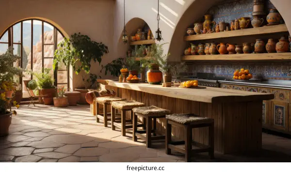 Rustic Kitchen With Stone Floor, Plants, And Sunlight