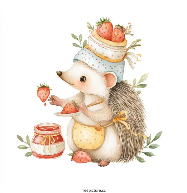 Cute Hedgehog Chef Making Strawberry Jam