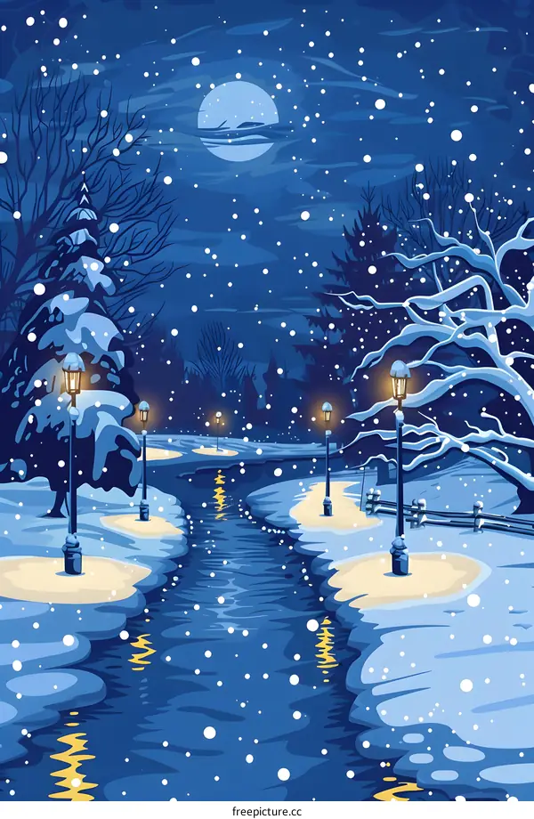 Snowy Night Landscape with River and Streetlights