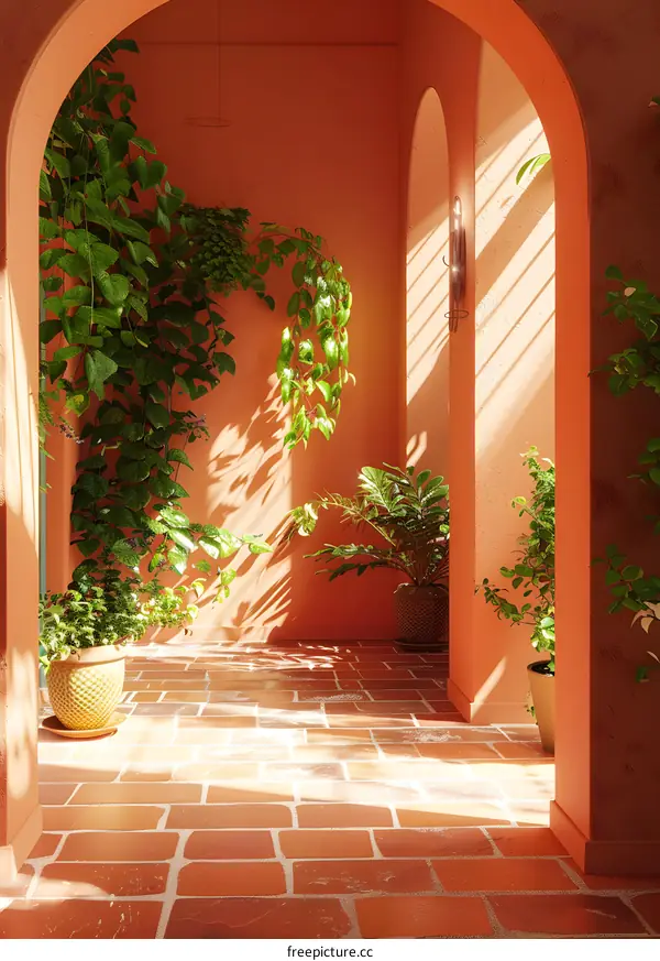 Orange Wall Archway with Green Plants and Sunbeams
