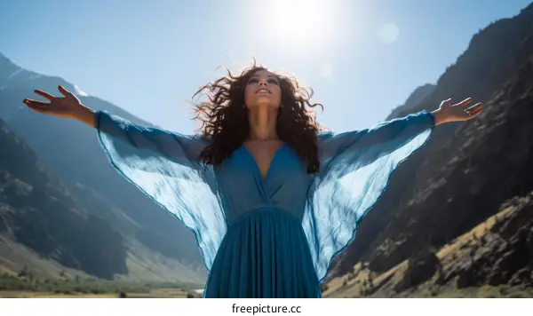 carefree woman standing with arms outstretched in a mountainous landscape