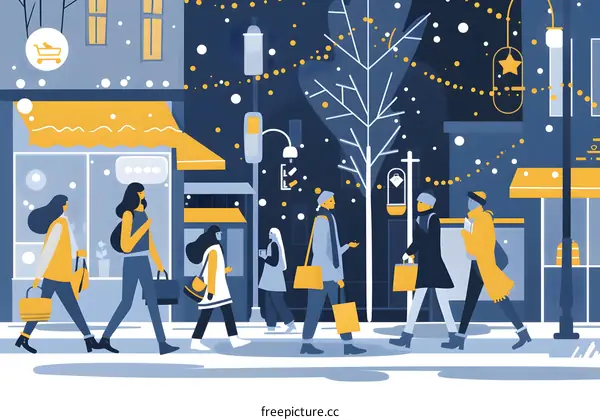 Winter City Street Scene with People Walking and Shopping
