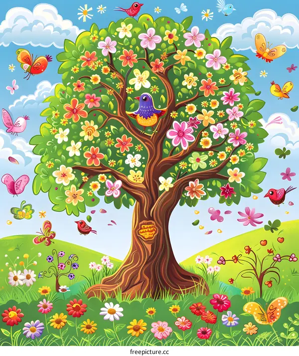 Spring Tree with Colorful Flowers and Birds
