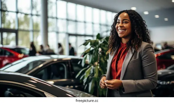 Confident young African American businesswoman in a car dealership
