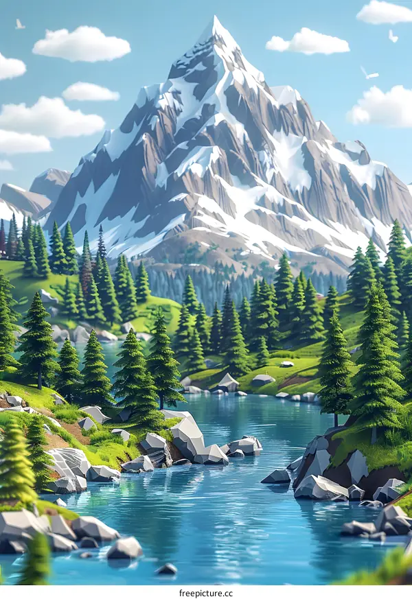 Mountain landscape with river and trees