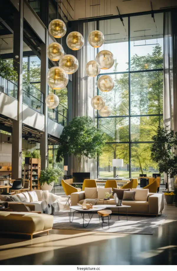 A modern office interior with large windows, plants, and comfortable seating