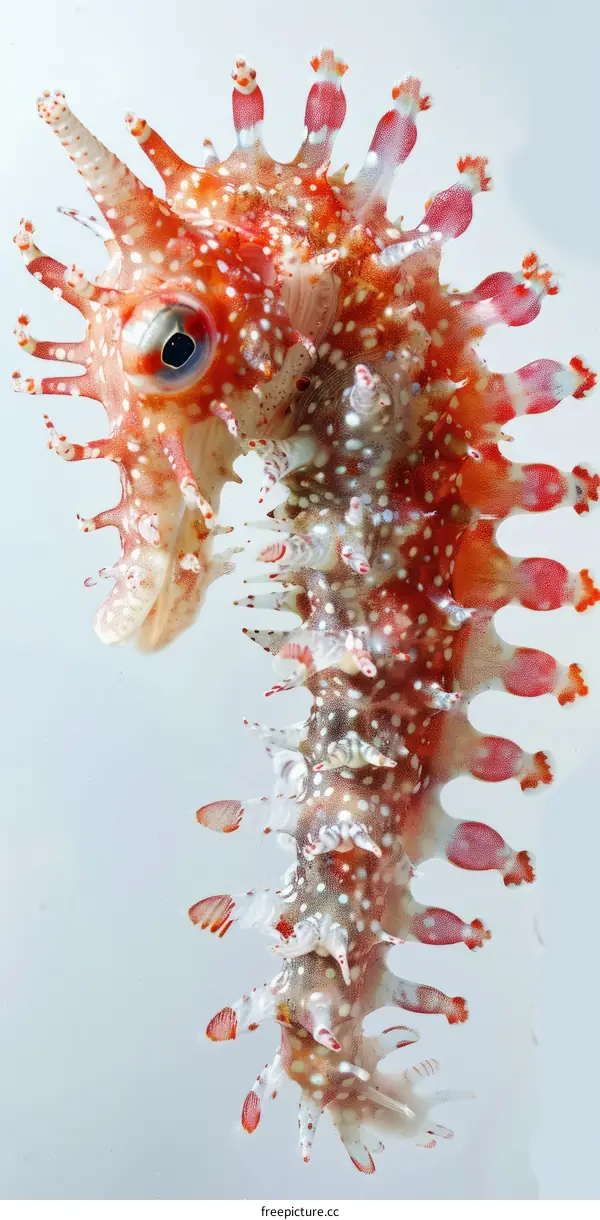 A tiny red and white seahorse