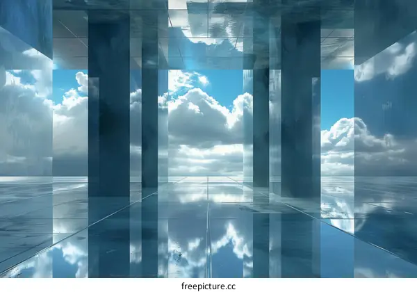 Futuristic Corridor Interior With Glass Walls and Floor