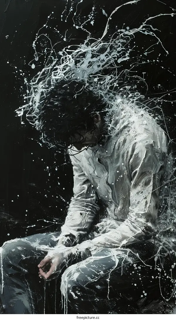 Young man covered in white paint with head in hands
