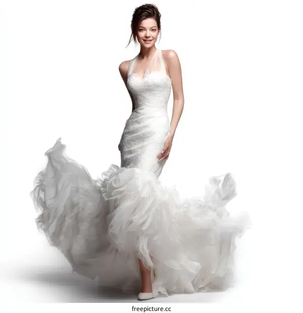 Elegant White Wedding Dress Fashion Model