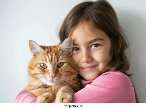 Little girl hugging a ginger cat