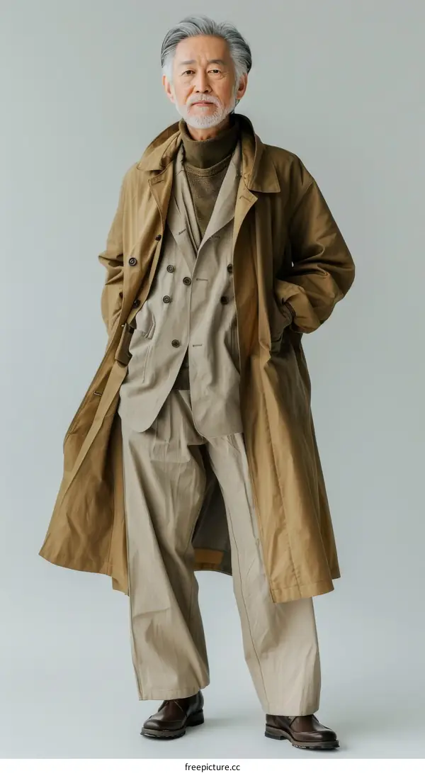 Portrait of a senior man wearing a brown coat and a beige suit