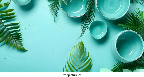 Green Bowls with Tropical Leaves on Turquoise Background