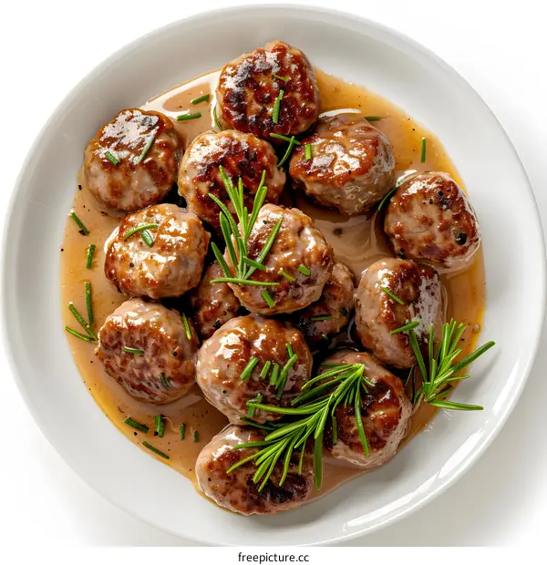 Swedish Meatballs in Gravy with Rosemary Garnish