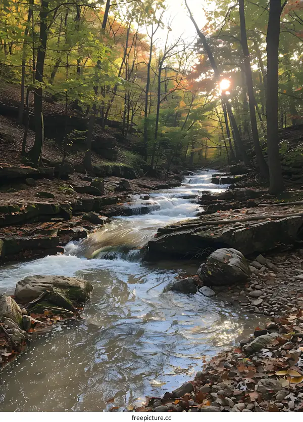 Autumn forest stream sunset