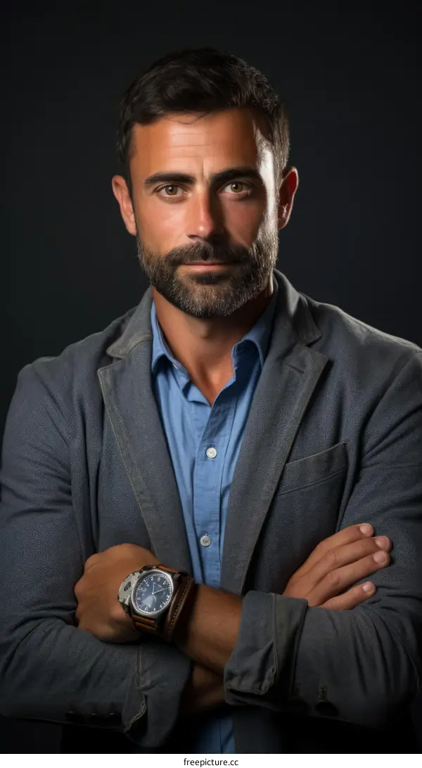 Portrait of a handsome young man with beard wearing blue shirt and gray suit