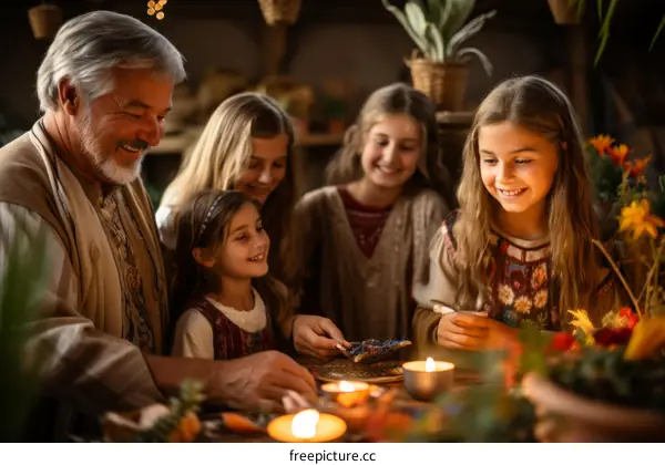 Grandfather and his granddaughters are preparing for Christmas