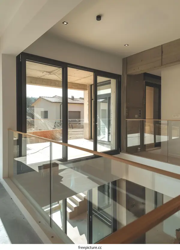 Modern house interior with large glass windows and wooden staircase