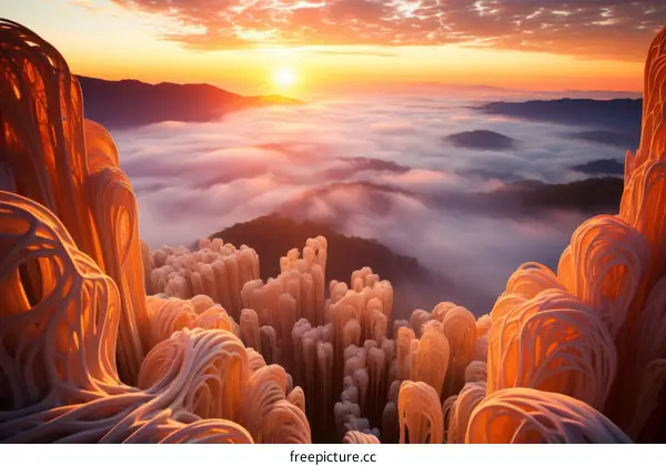 Surreal sunset mountain landscape with clouds and glowing plants