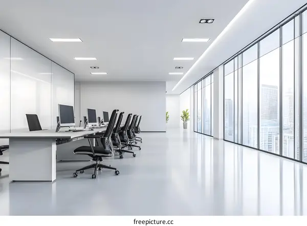 Modern Office Interior Design with Row of Desks and Windows