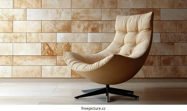 Modern Beige Armchair Against a Stone Wall