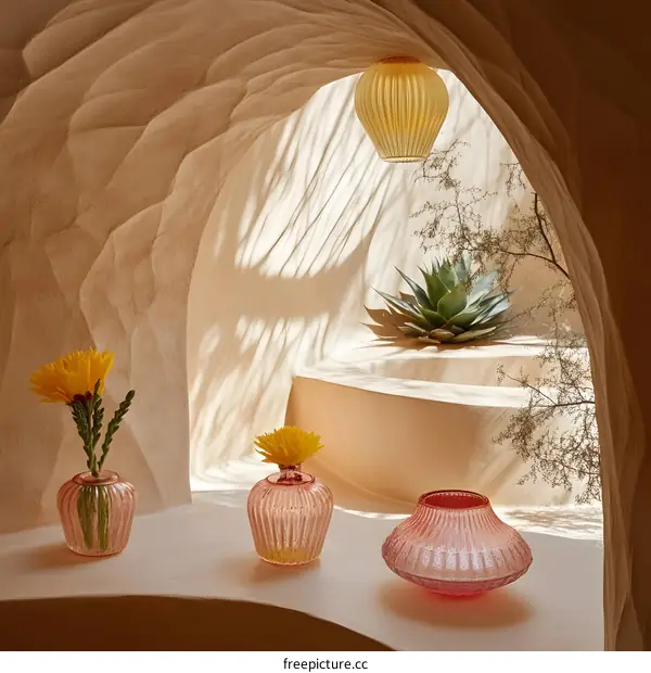 Modern Interior Design with Pink Vases and Yellow Flowers